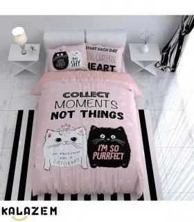 روتختی یک نفره دخترانه صورتی طرح گربه سفید و مشکی